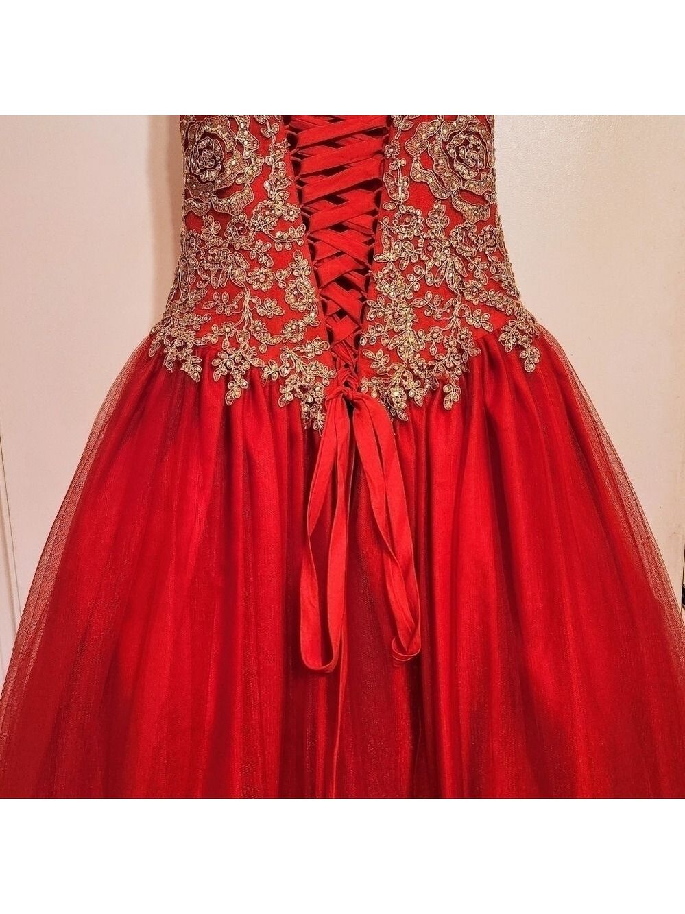 Layla K Quinceanera Ball Gown Dress Red Gold Beaded Size 6 - Picture 7 of 13